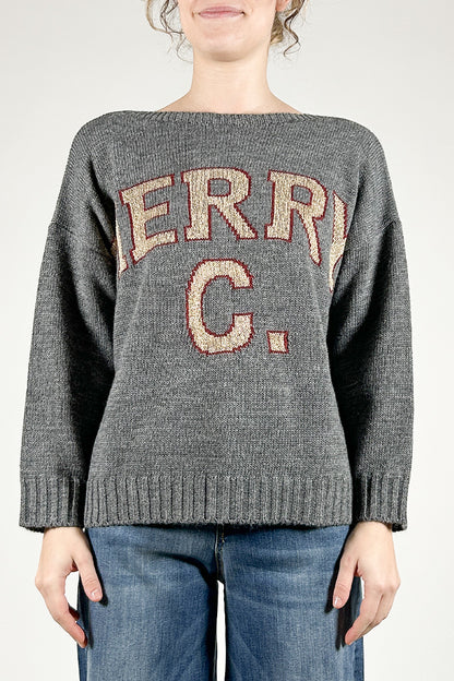 Boat-neck sweater with Merry C. writing in Lurex