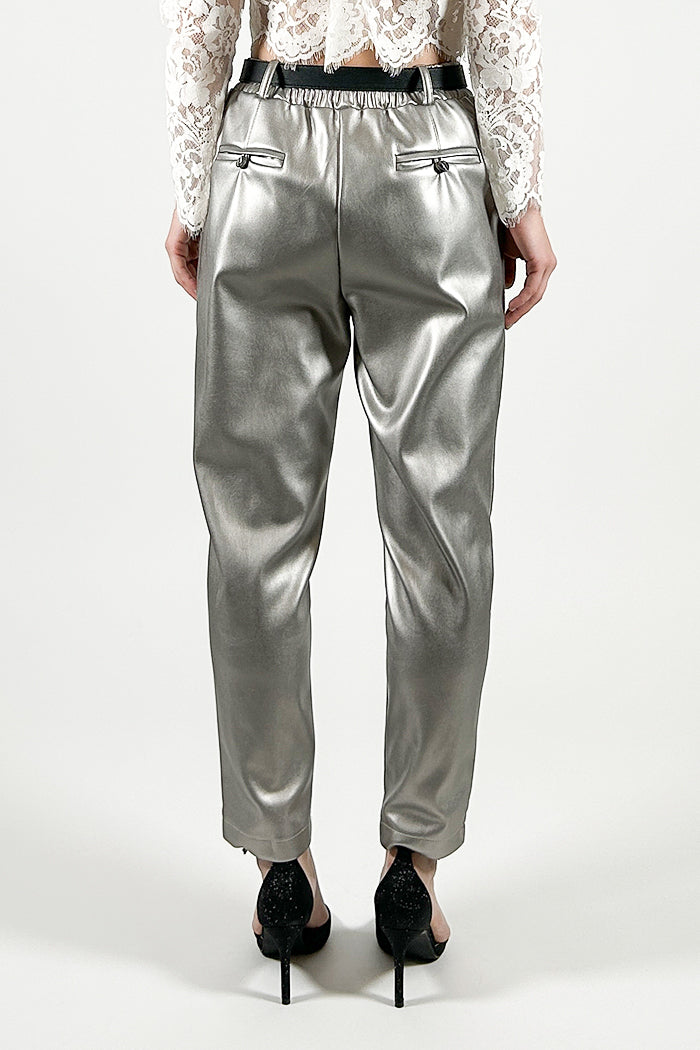 Eco-leather cigarette trousers with elastic and belt