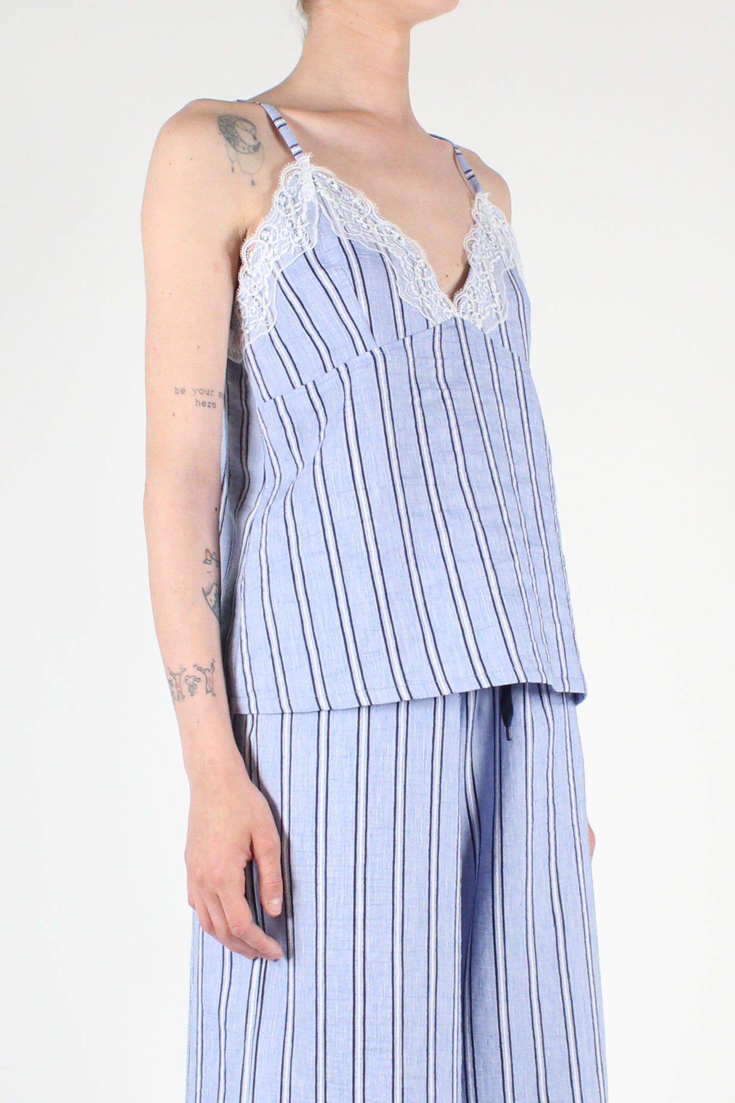 Pinstripe Top with Lace Detail in Linen and Cotton Blend