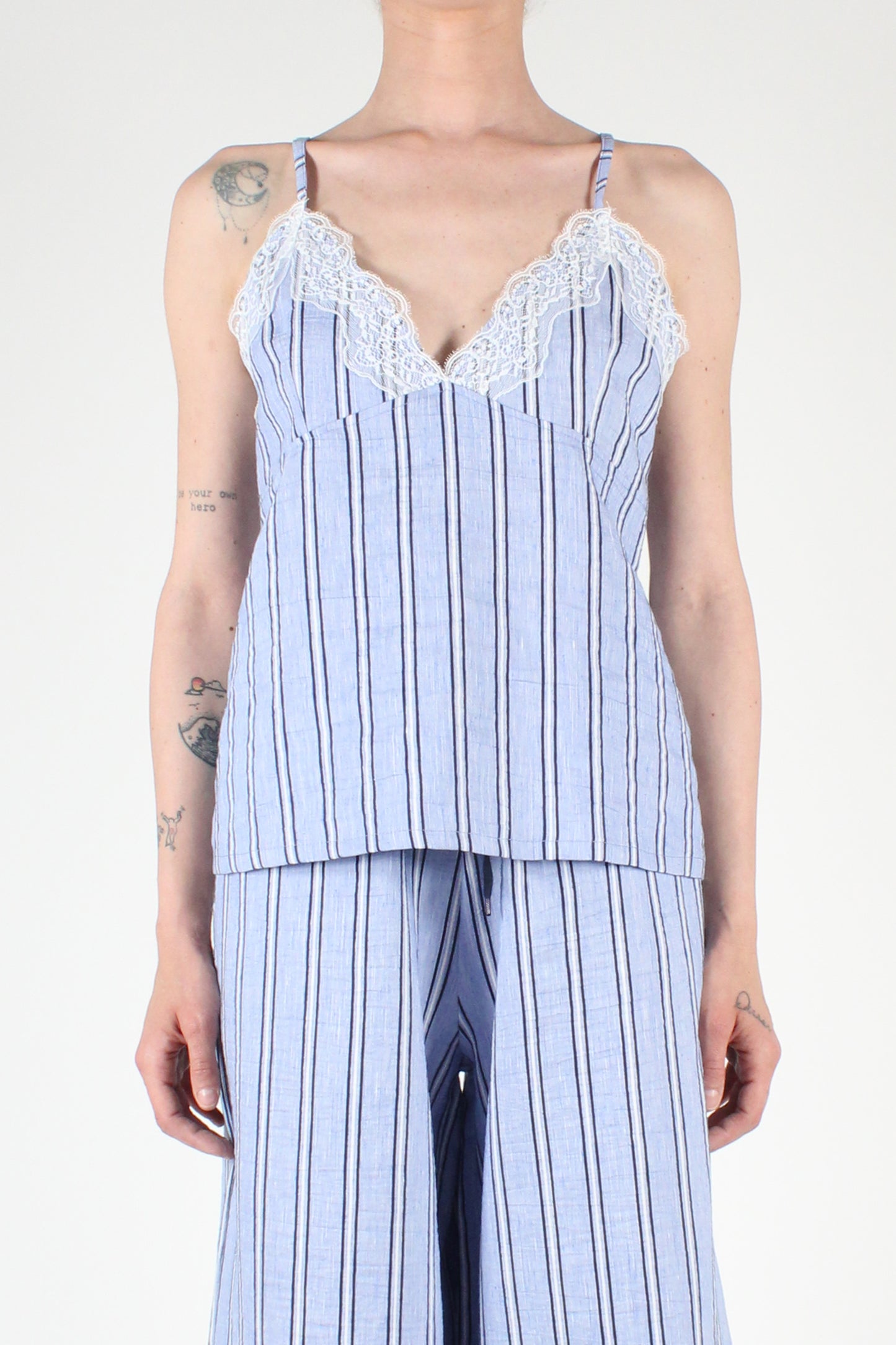 Pinstripe Top with Lace Detail in Linen and Cotton Blend