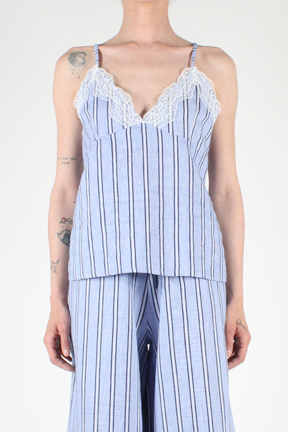 Pinstripe Top with Lace Detail in Linen and Cotton Blend