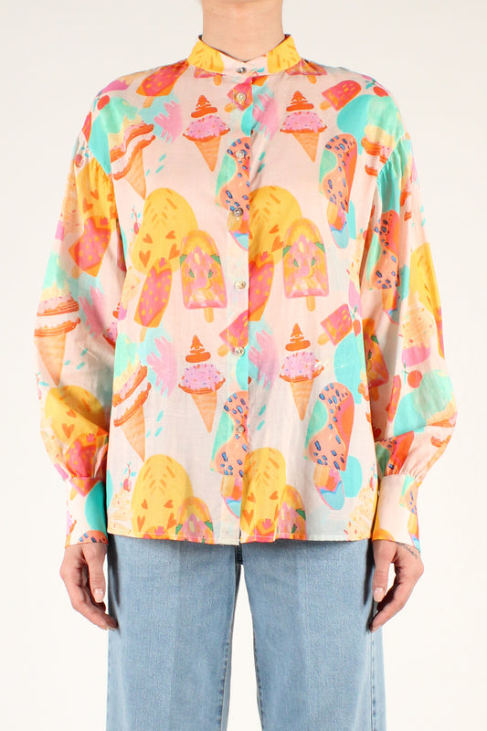 Mandarin Collar Shirt in Muslin with Ice Cream Print