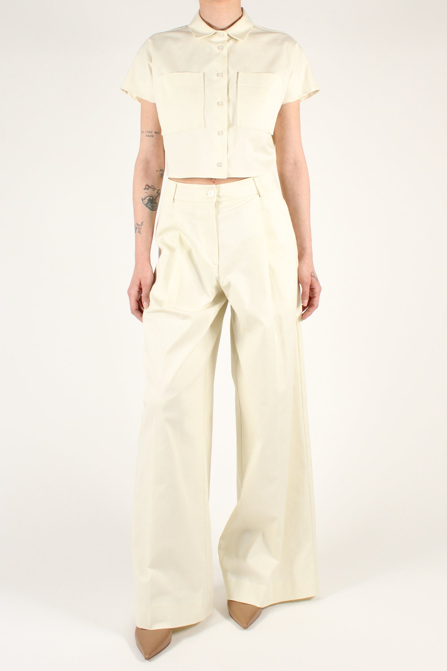 Pantaloni Palazzo con Pinces in Cotone