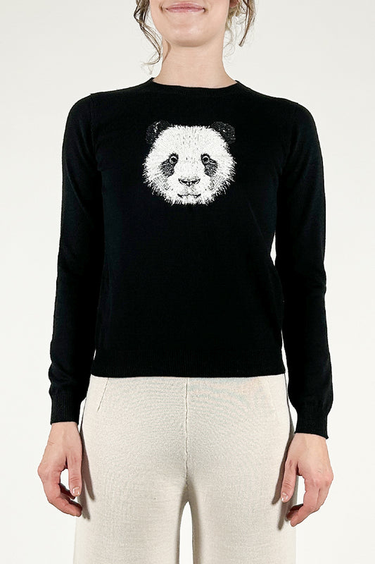 Solid Color Crew Neck Sweater with Panda Sequin Detail