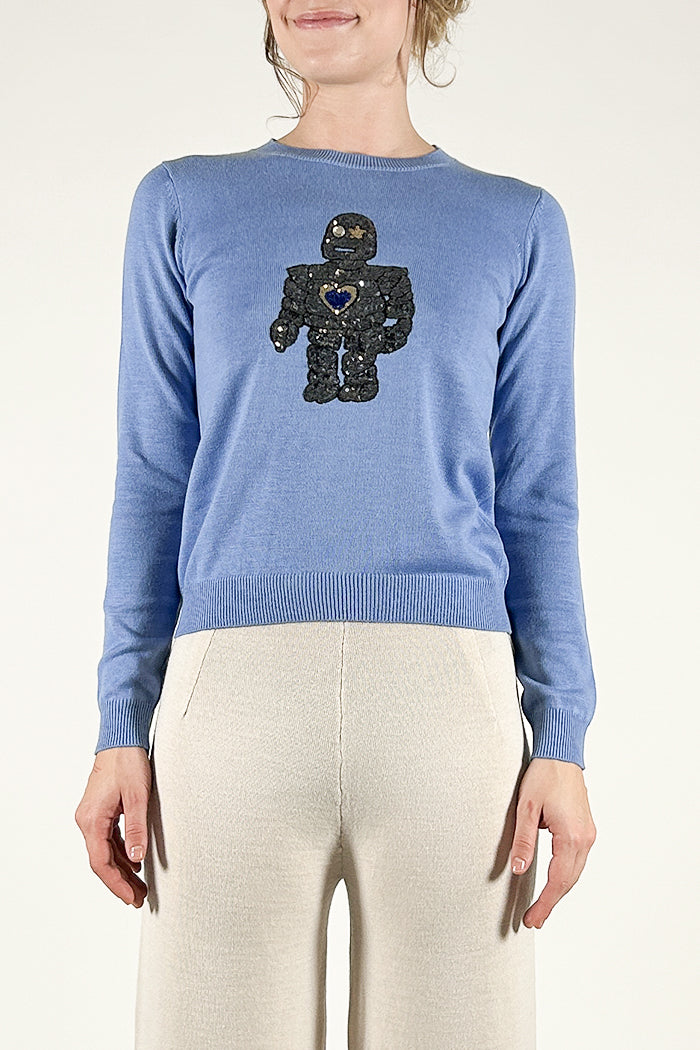 Solid Color Crew Neck Sweater with Robot Sequin Detail