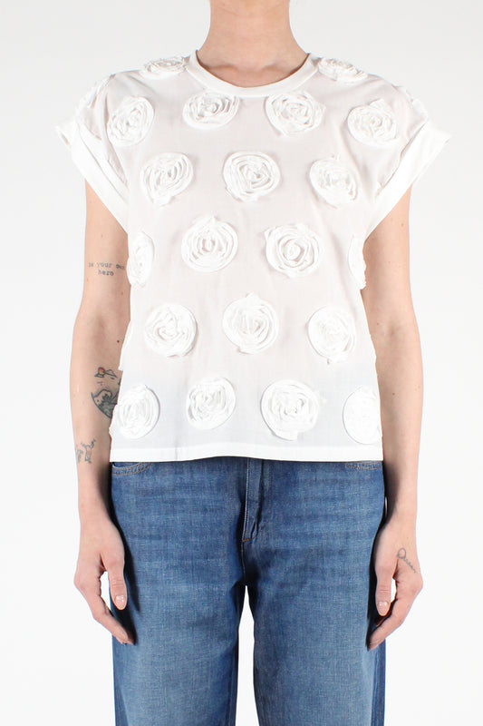 T-Shirt in Puro Cotone con Ricamo Rose 3D