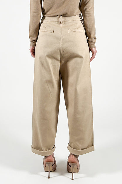 Pantaloni Ampi con Pinces in Gabardina di Cotone