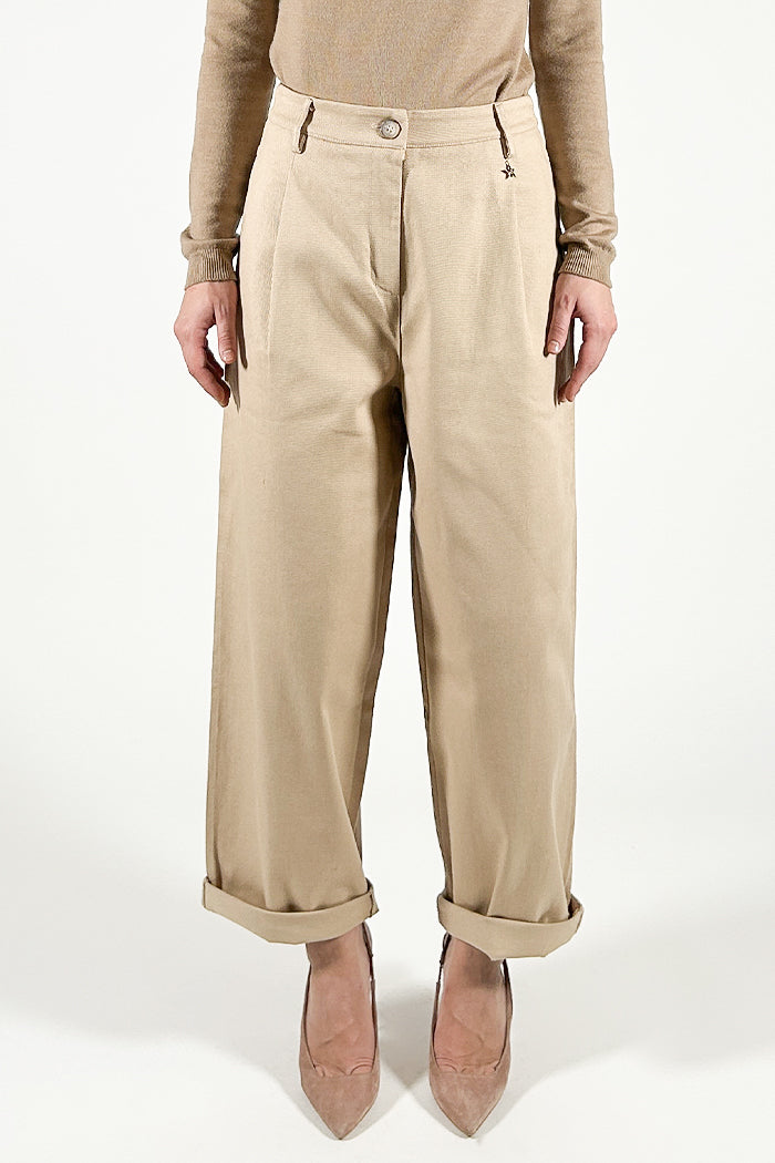 Pantaloni Ampi con Pinces in Gabardina di Cotone