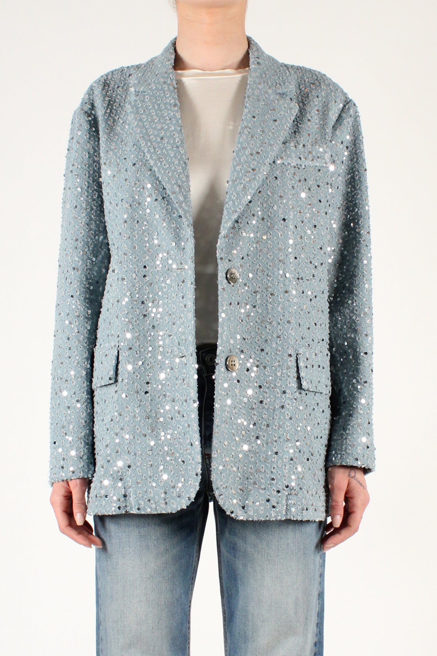 Single-breasted two-button blazer in perforated denim with microsequins