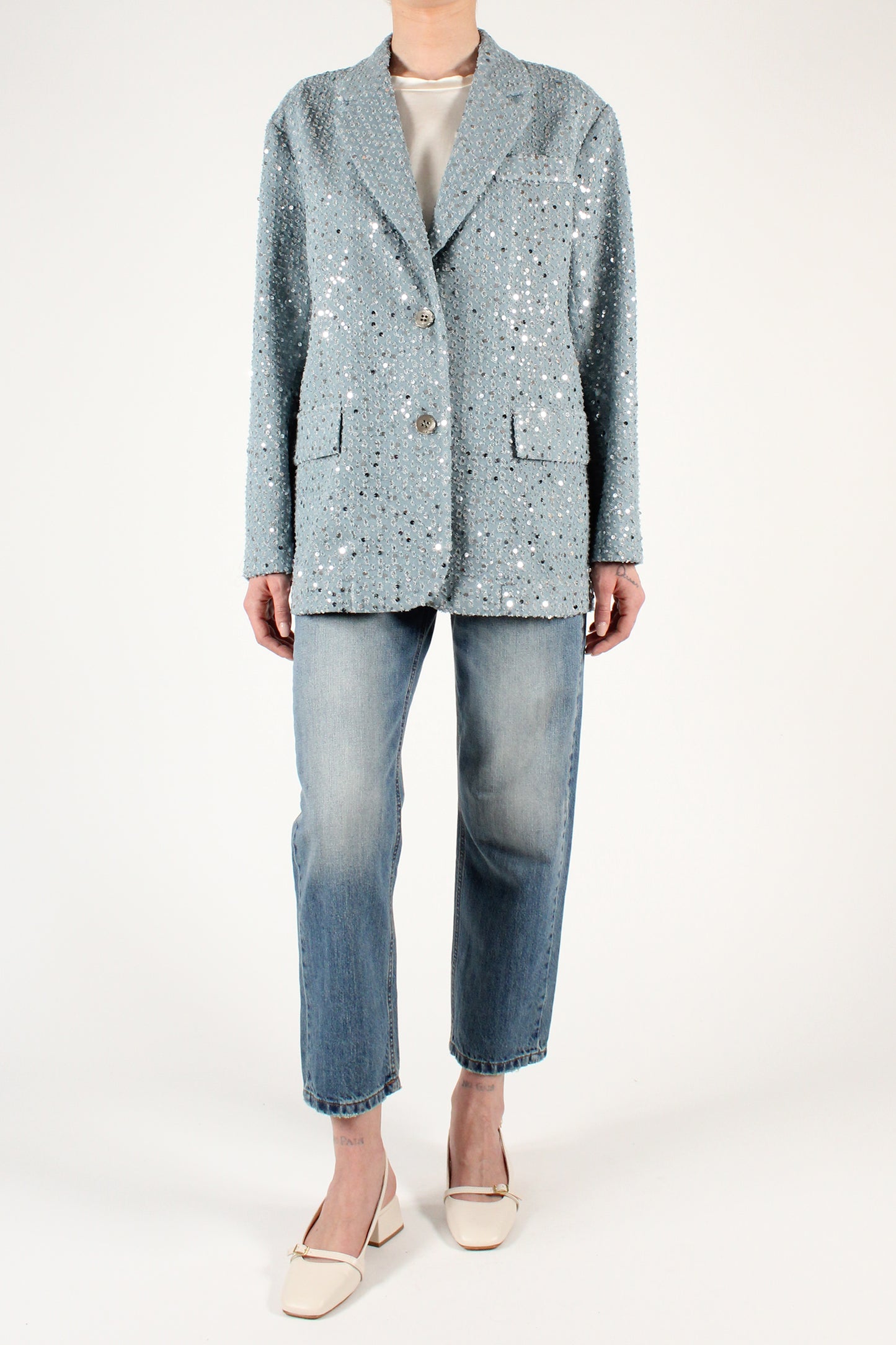 Single-breasted two-button blazer in perforated denim with microsequins