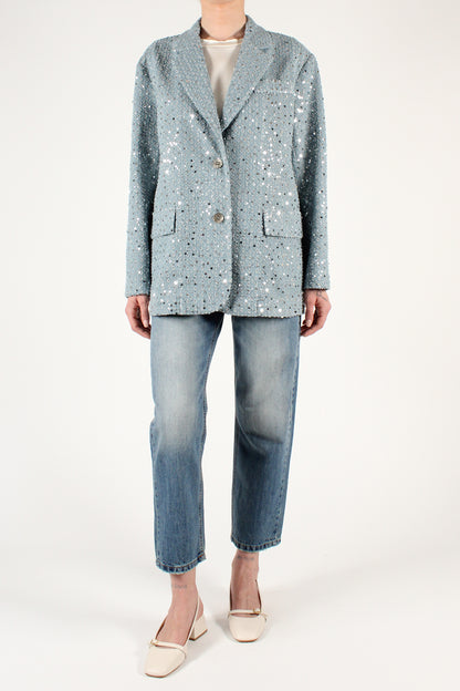 Single-breasted two-button blazer in perforated denim with microsequins