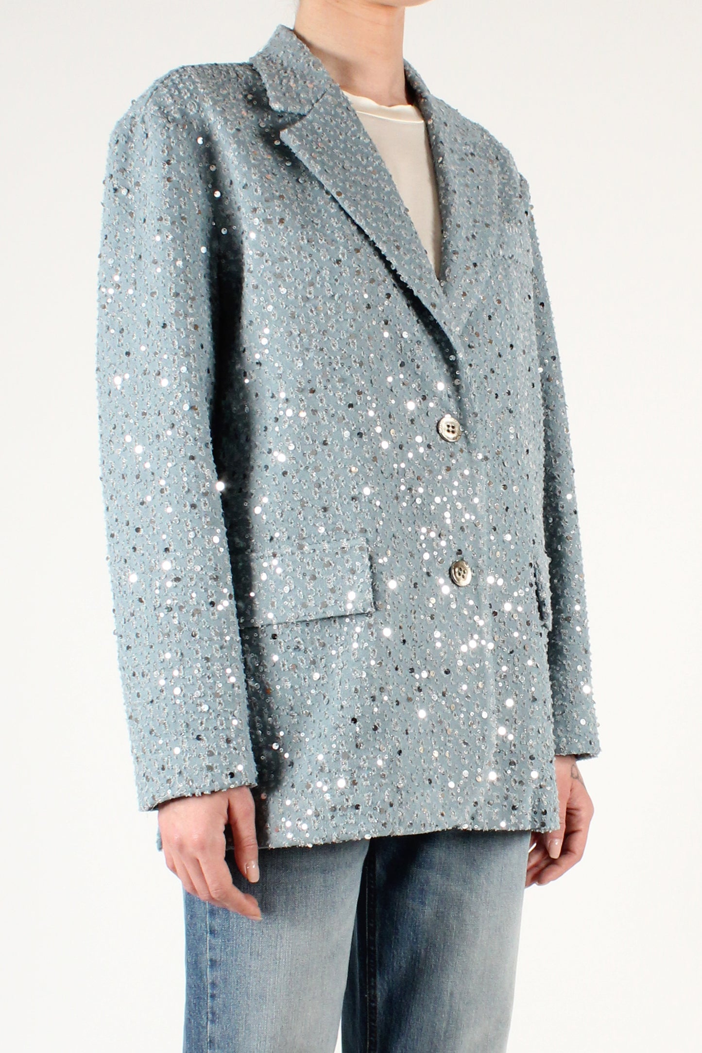 Single-breasted two-button blazer in perforated denim with microsequins