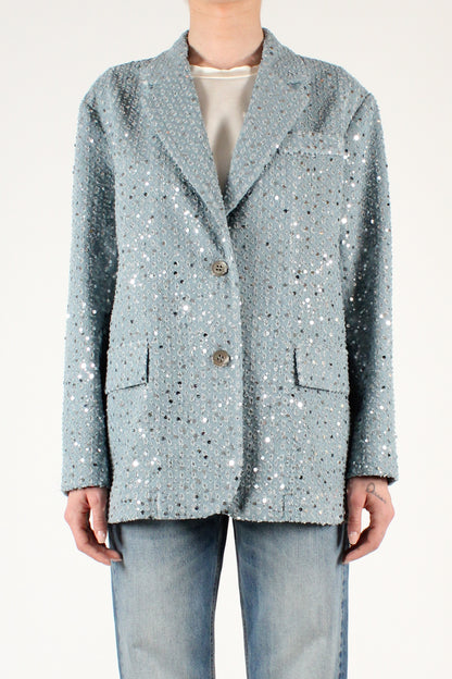 Single-breasted two-button blazer in perforated denim with microsequins