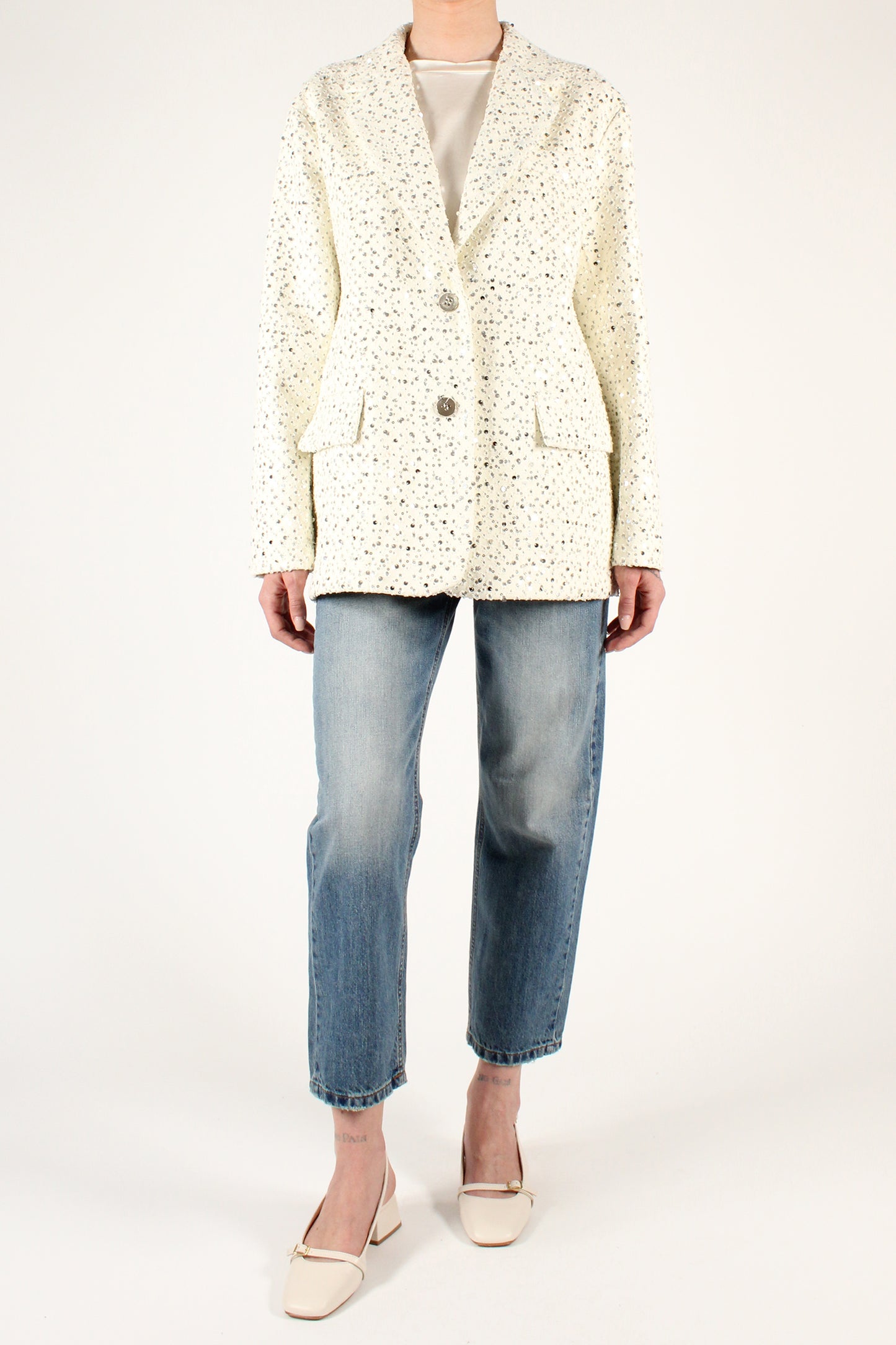 Single-breasted two-button blazer in perforated denim with microsequins