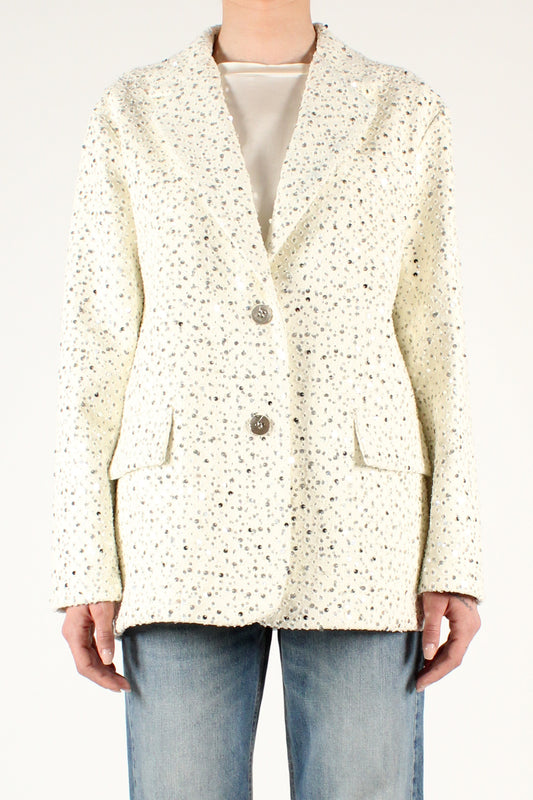 Single-breasted two-button blazer in perforated denim with microsequins