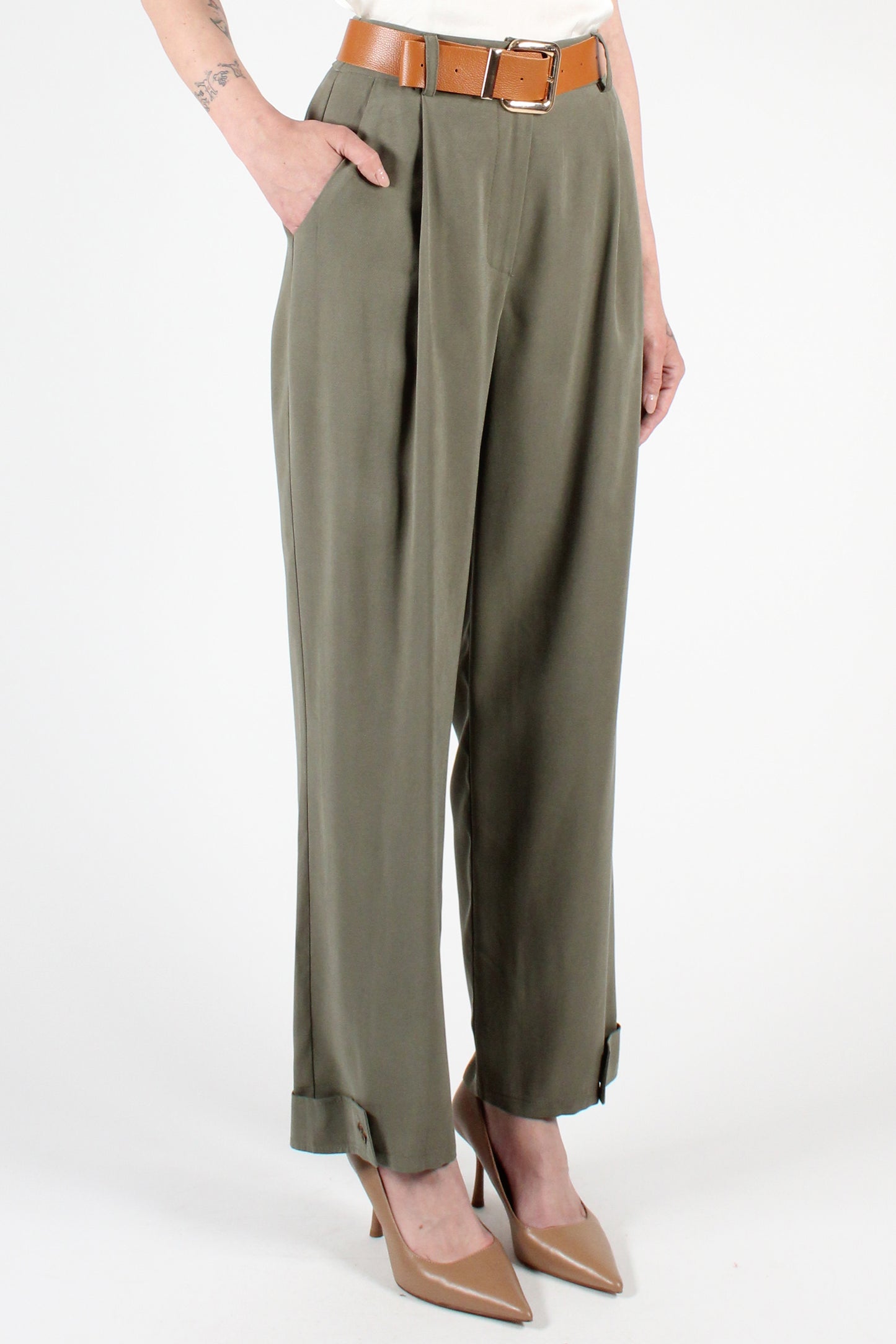 Straight Leg Trousers with Button Detail at the Bottom