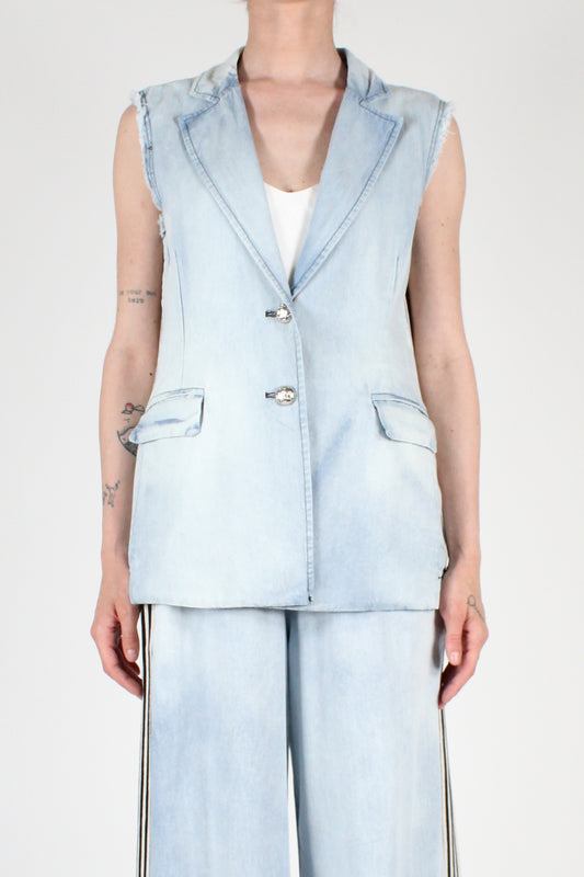 Gilet in Denim con Bande Laterali