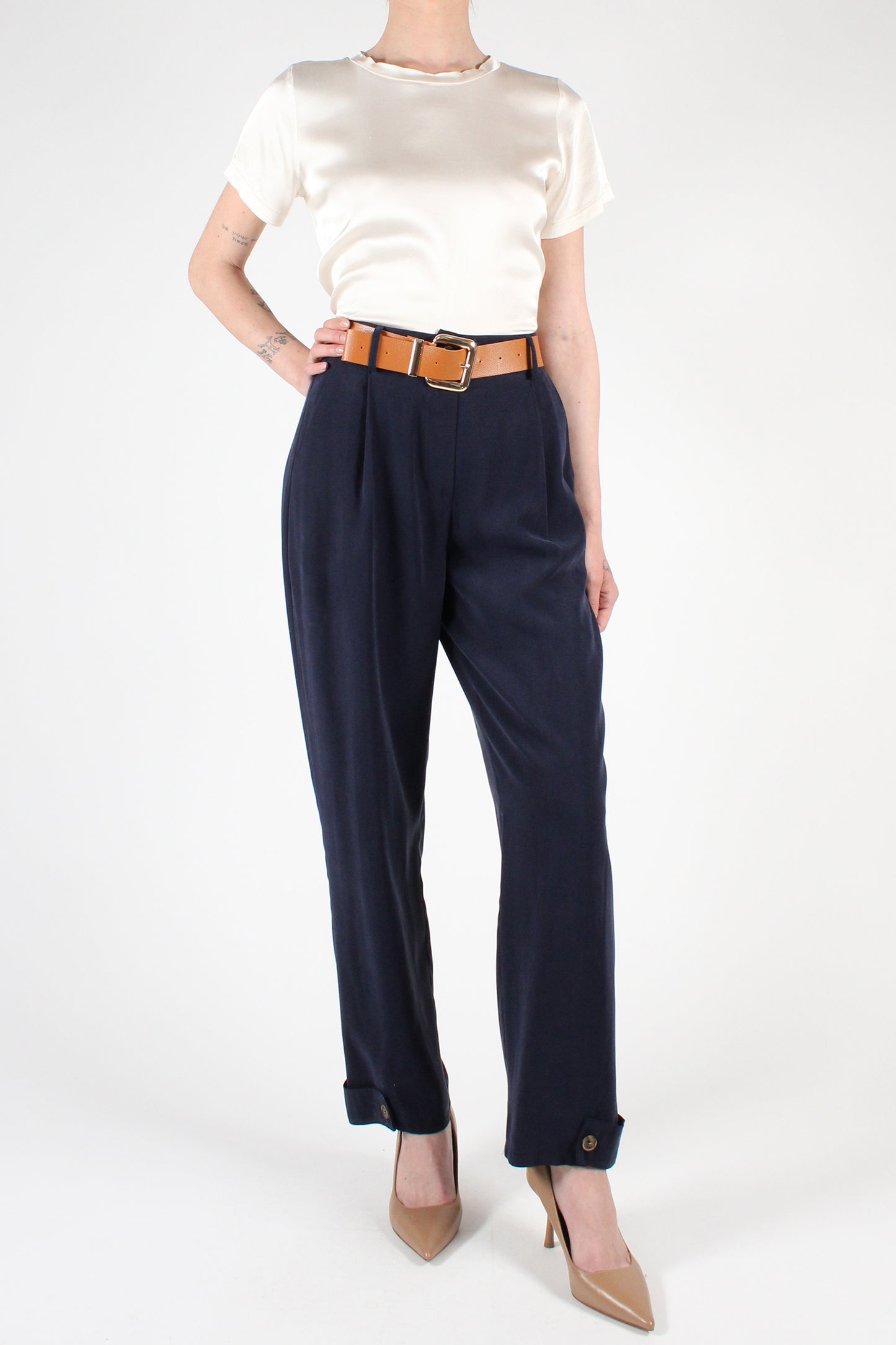 Straight Leg Trousers with Button Detail at the Bottom