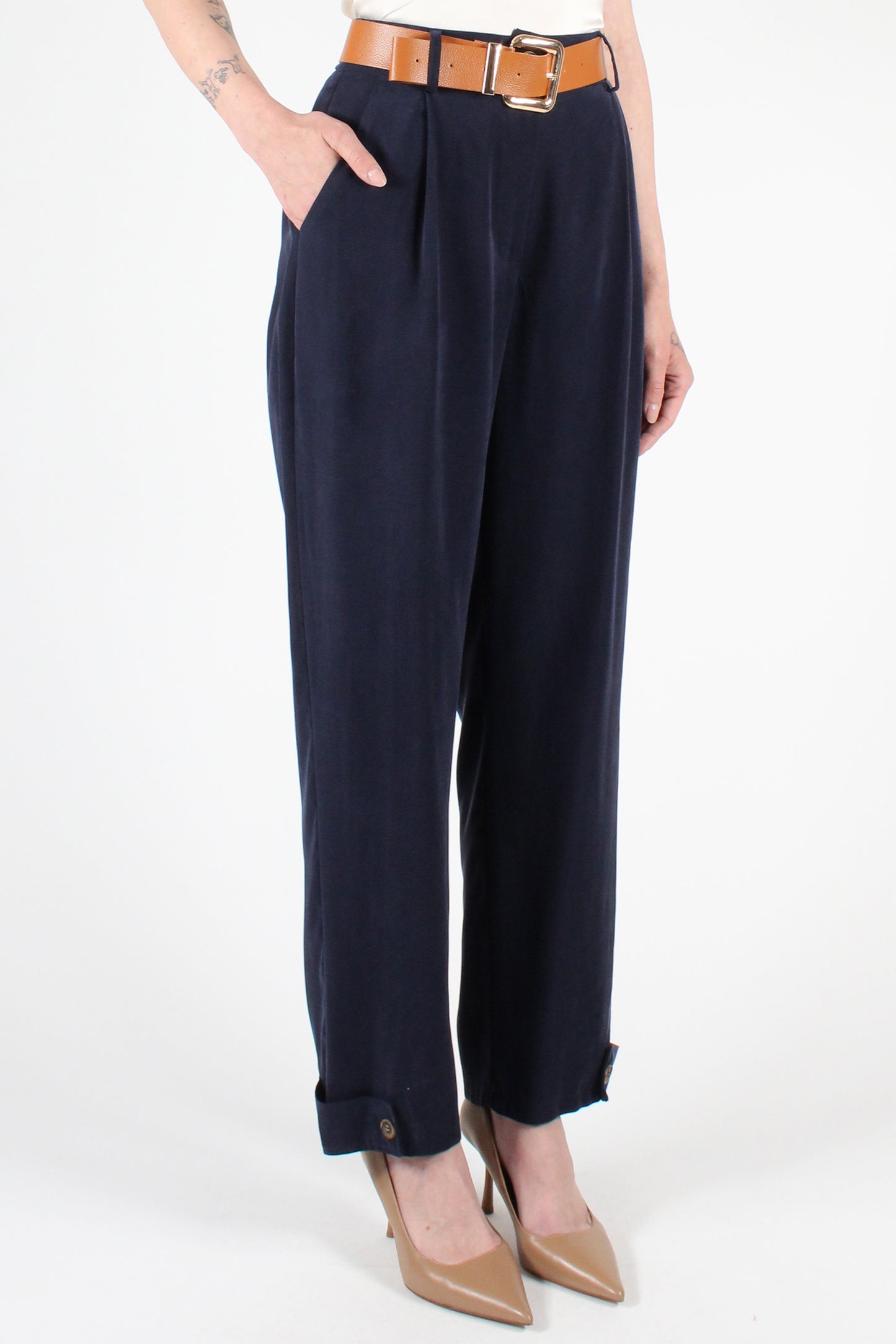 Straight Leg Trousers with Button Detail at the Bottom