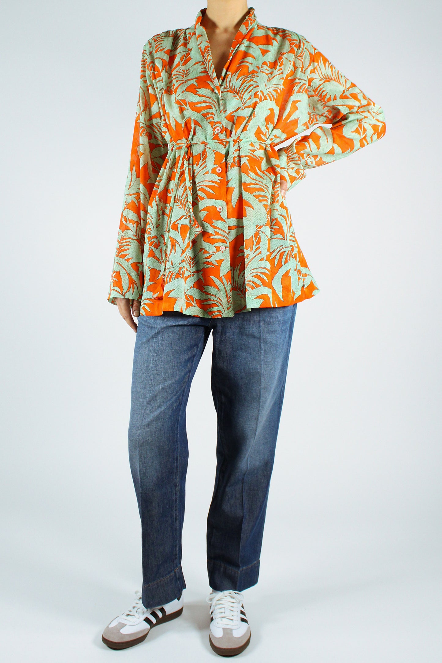 Leaf Print Muslin Shirt with Belt