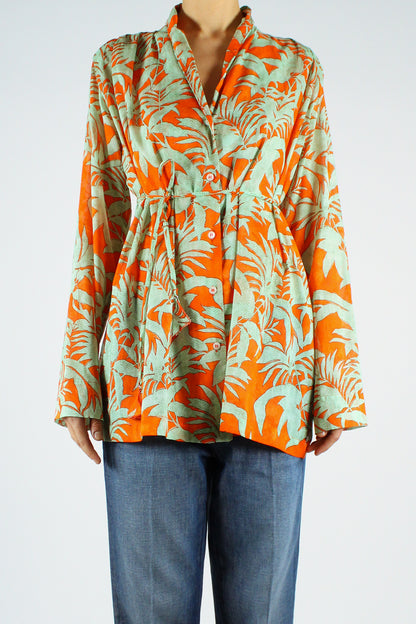 Leaf Print Muslin Shirt with Belt