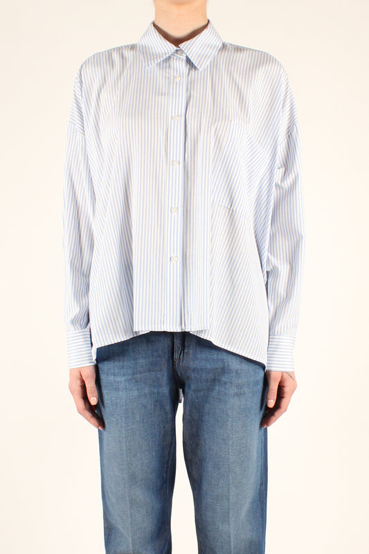 Oversized shirt with asymmetrical pinstriped bottom