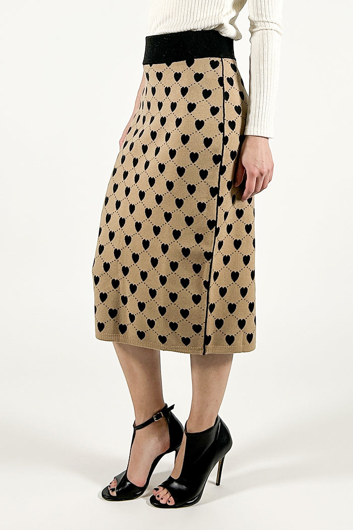 Knitted Midi Skirt with Heart Pattern