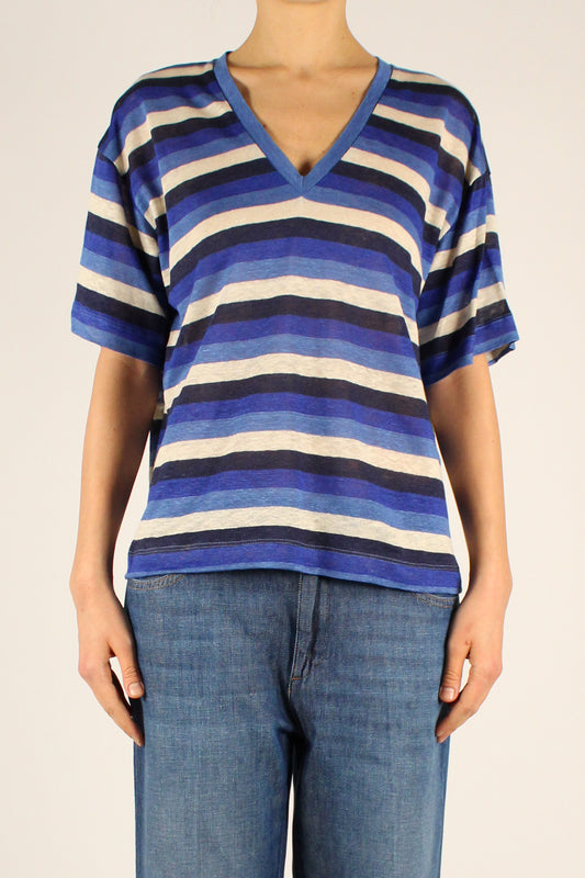 Striped Pure Linen V-neck T-shirt