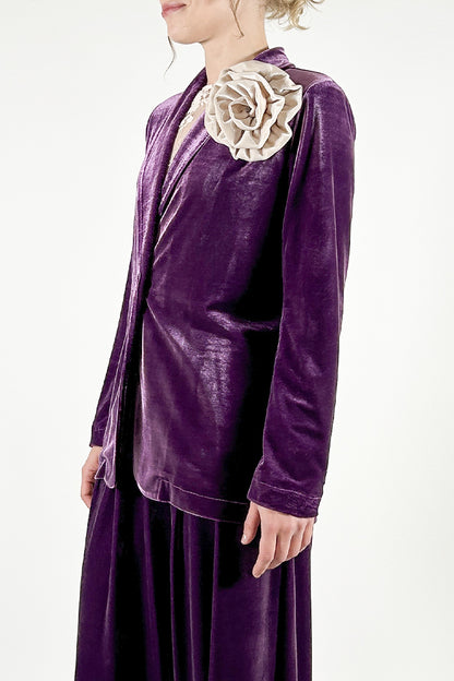 Velvet Blazer with Flower Brooch and Shawl Lapels