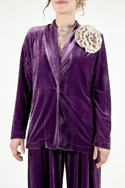 Velvet Blazer with Flower Brooch and Shawl Lapels