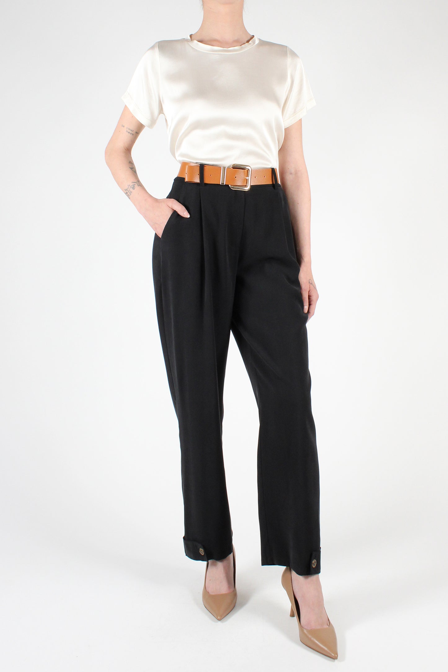 Straight Leg Trousers with Button Detail at the Bottom