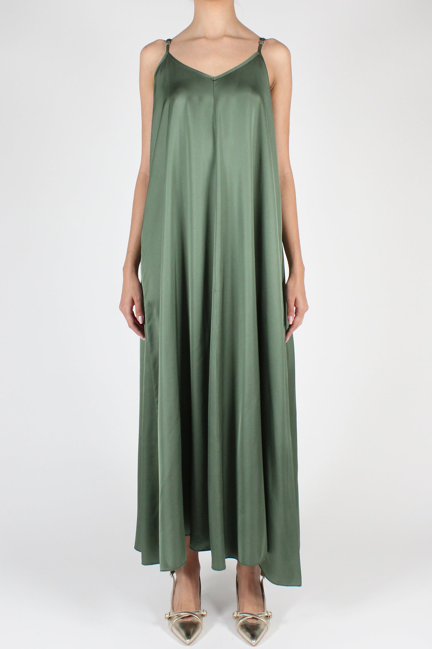 Long V-neck slip dress with stitching