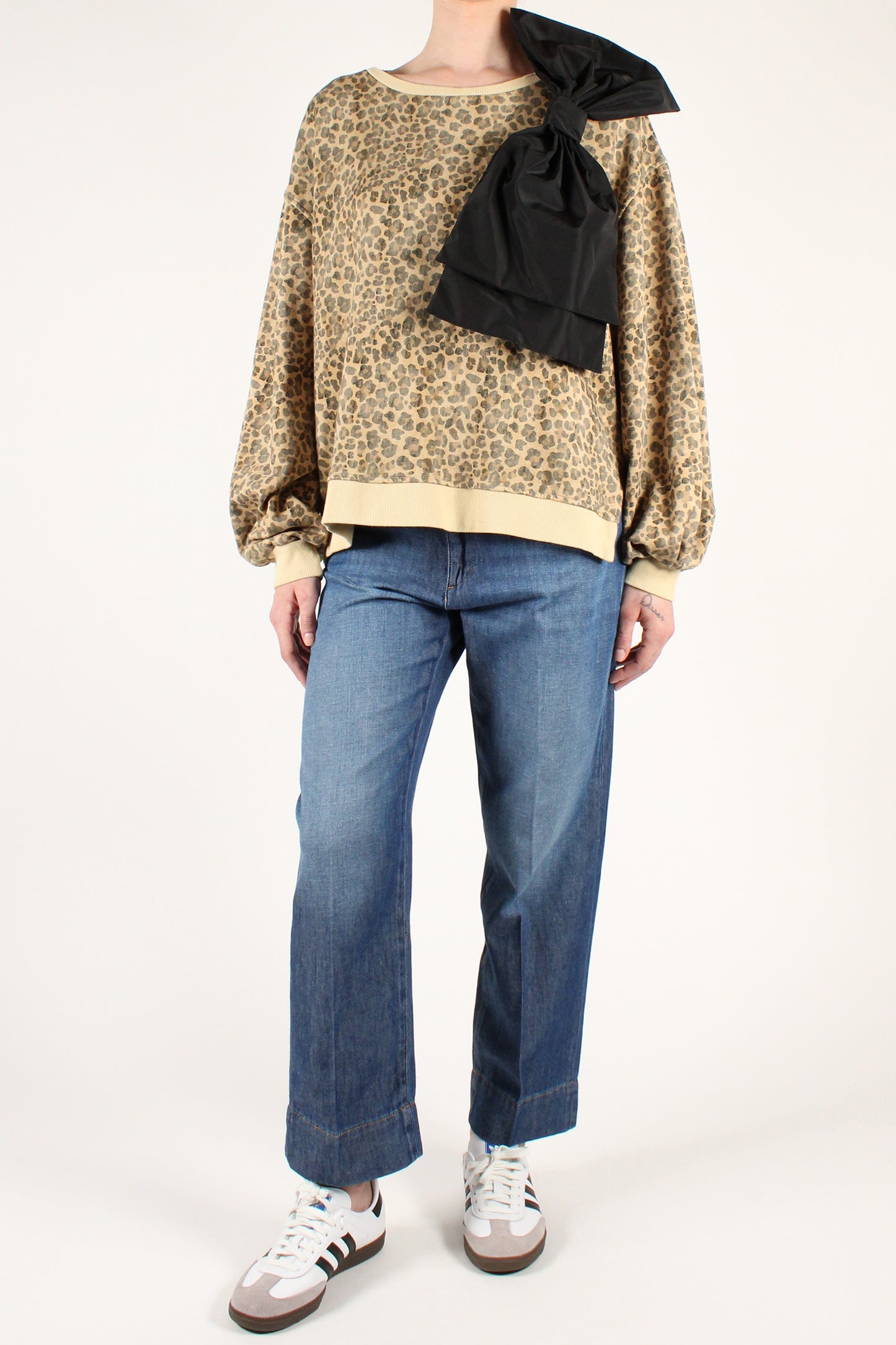 Animal Print Sweatshirt with Bow Brooch