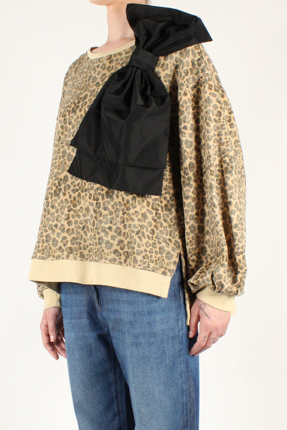 Animal Print Sweatshirt with Bow Brooch