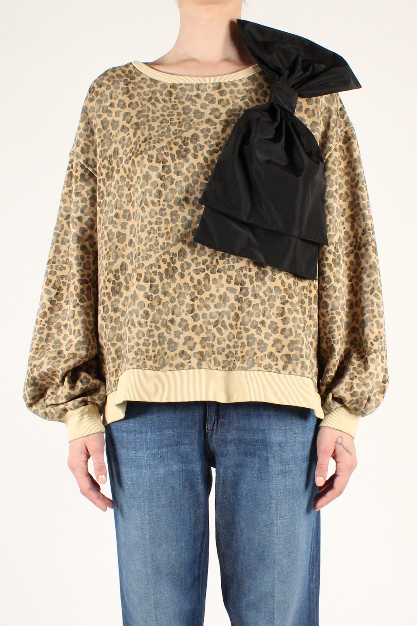 Animal Print Sweatshirt with Bow Brooch