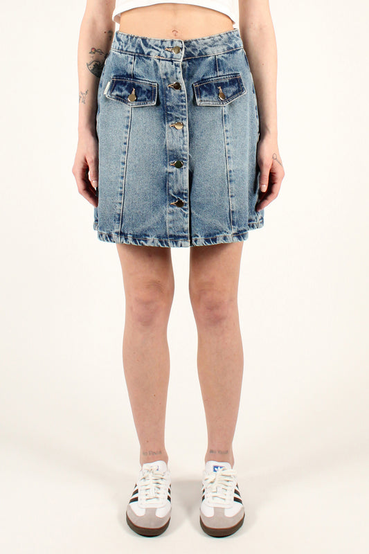 Denim mini skirt with patch pockets