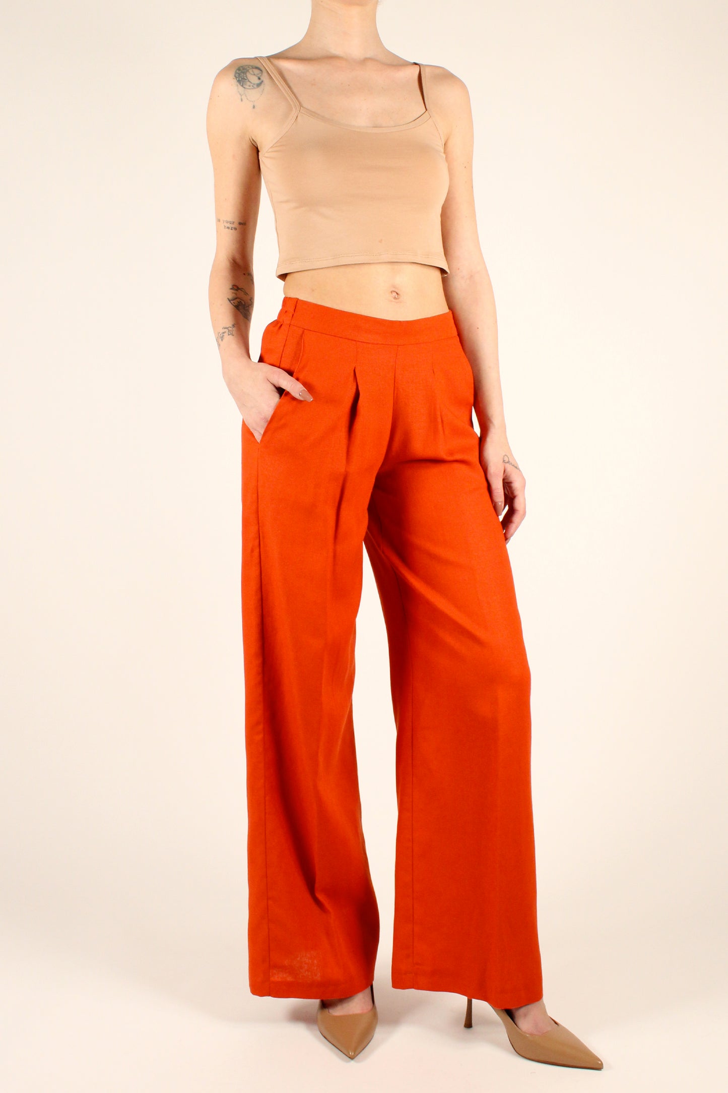 Palazzo Trousers in Linen Blend with Pleats