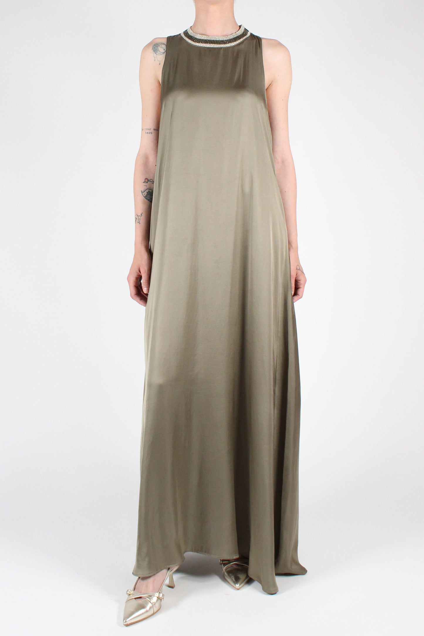 Long crew-neck dress in viscose with Lurex sports band detail