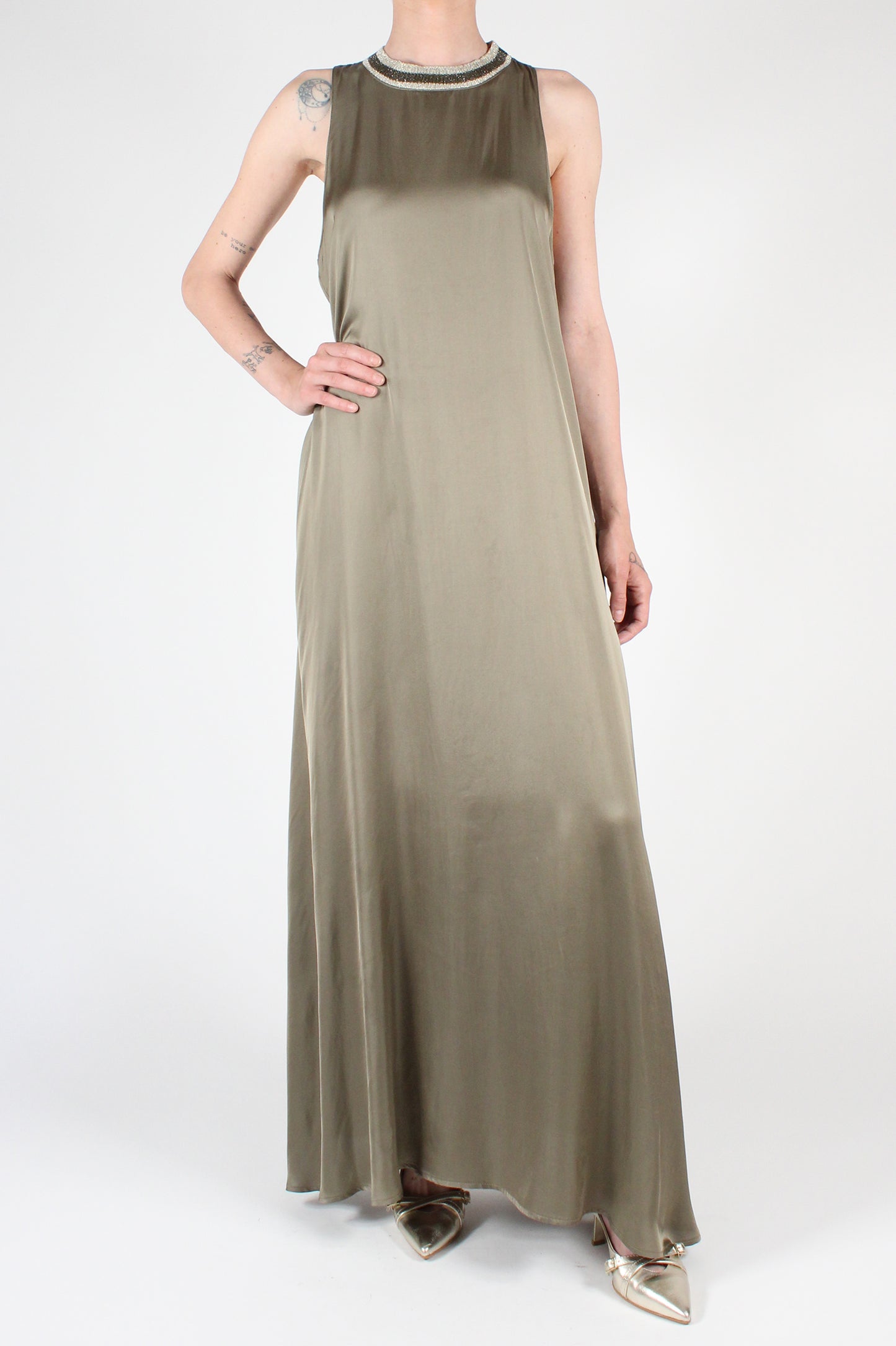 Long crew-neck dress in viscose with Lurex sports band detail