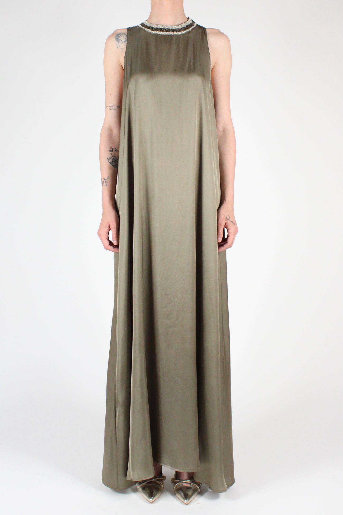 Long crew-neck dress in viscose with Lurex sports band detail