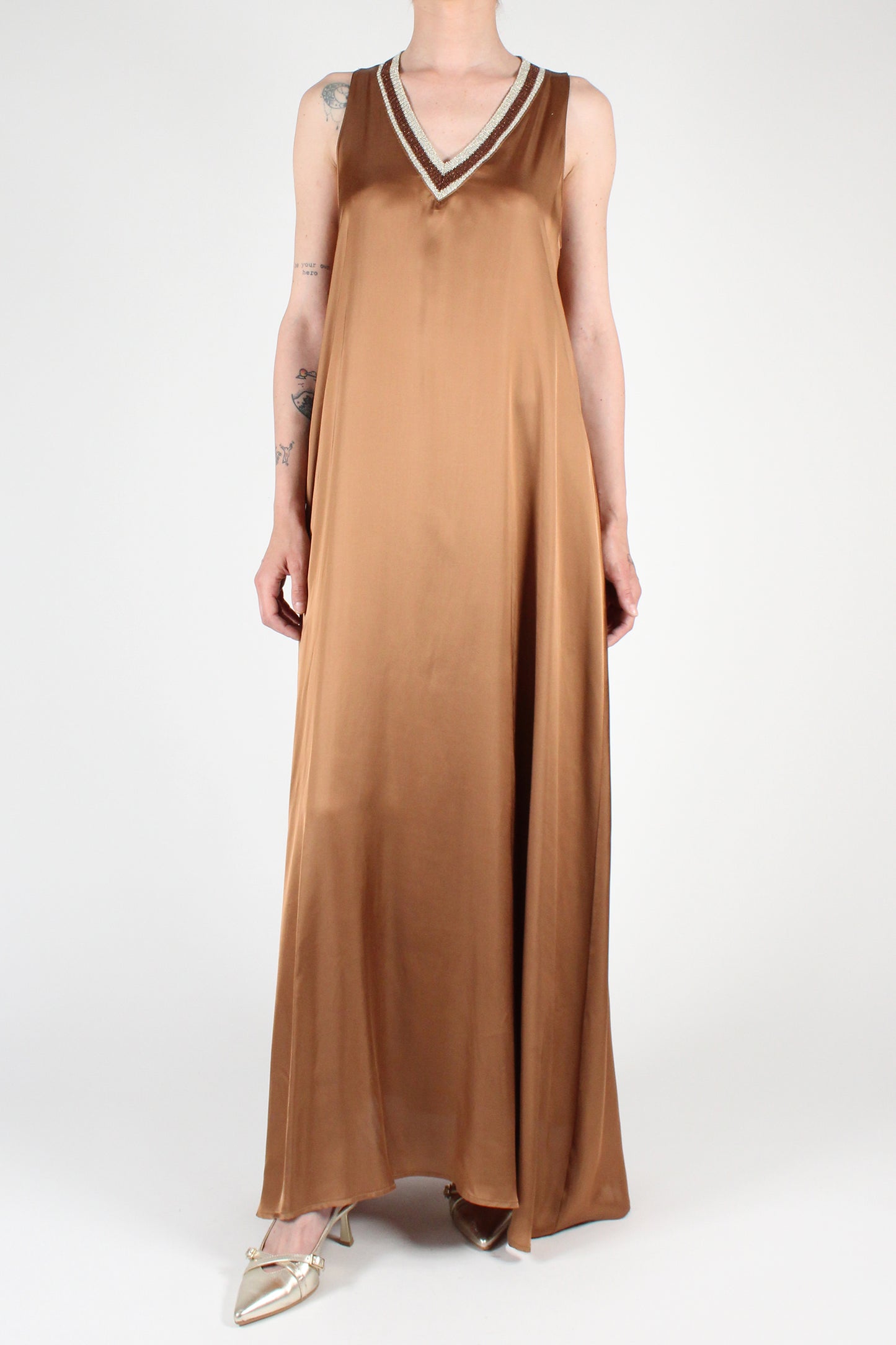 Long V-neck dress in Viscose with Lurex sports band detail