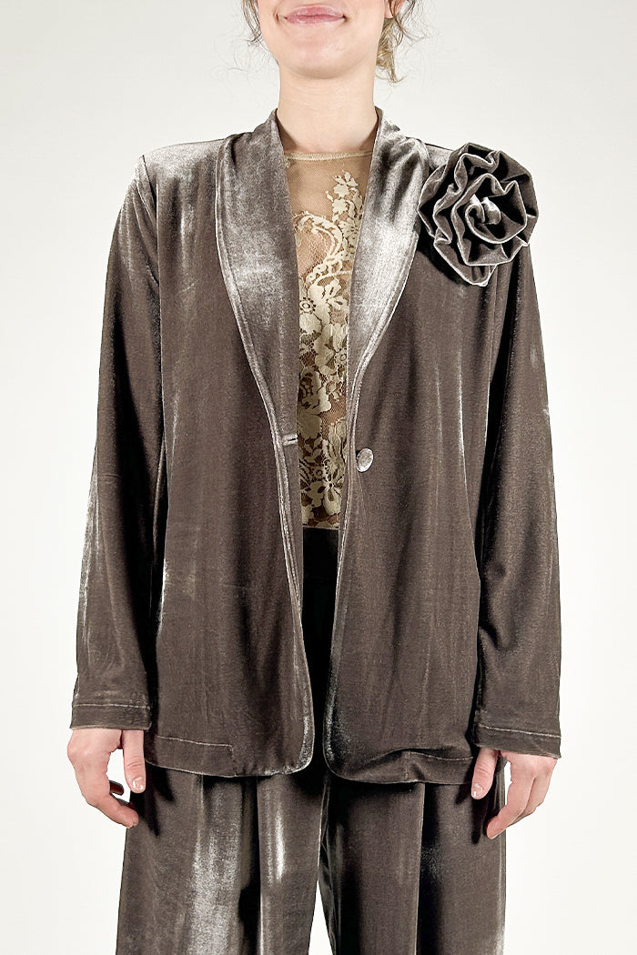 Velvet Blazer with Flower Brooch and Shawl Lapels