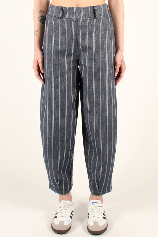 Balloon Pants in Pinstriped Denim with Elastic on the Back