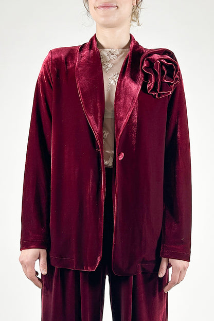 Velvet Blazer with Flower Brooch and Shawl Lapels