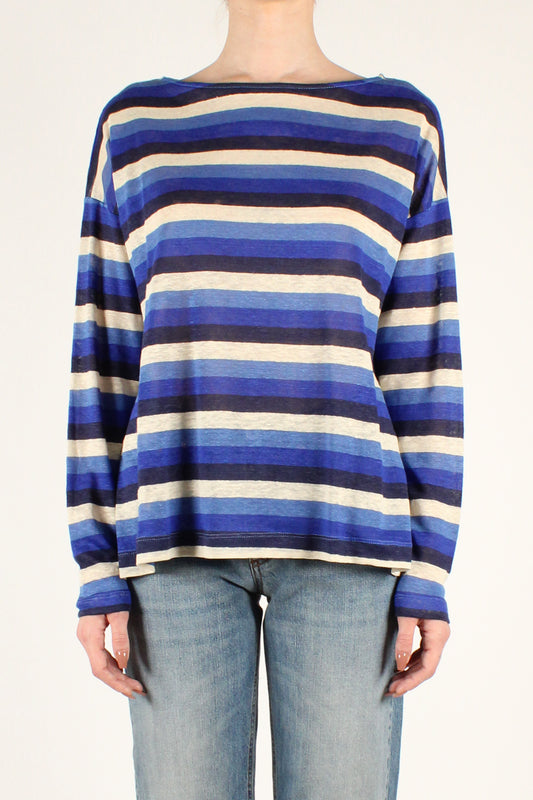 Pure Linen Long Sleeves Striped Boat Neck T-shirt