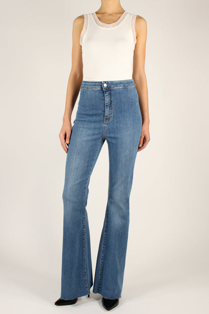 High-waisted flared jeans with raw cut bottoms