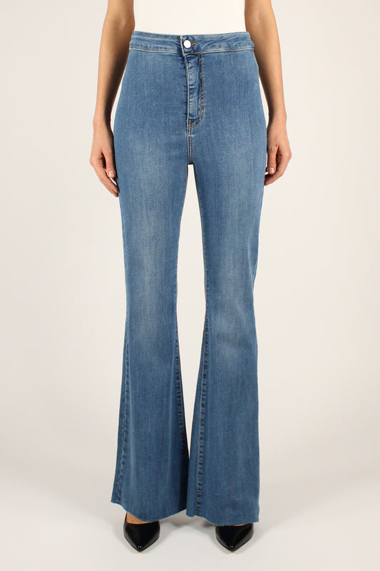 High-waisted flared jeans with raw cut bottoms